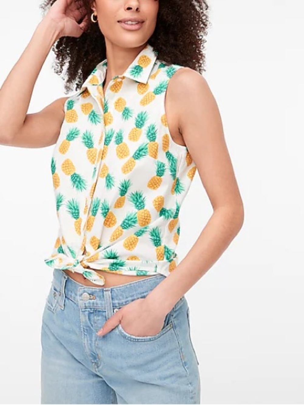 NWT J. Crew Sleeveless Pineapple Print Cotton Poplin Button Down Top Large